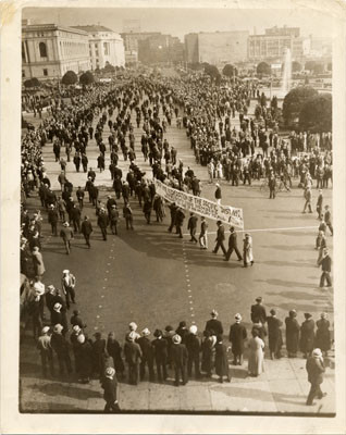 [Members of the Marine Federation Of The Pacific parading in front of City Hall]
