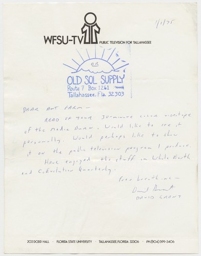 Letter to Ant Farm from David Grant (Media Burn folder)