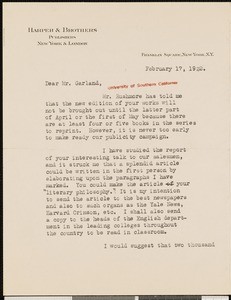 Ruth Raphael, letter, 1922-02-17, to Hamlin Garland