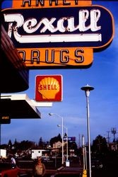 Analy Pharmacy Rexall Drug Store sign at approximately 186 North Main Street, Sebastopol, California, February 1977