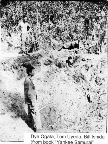 Aye Ogata, Tom Uyeda and Bill Ishida in WWII bomb crater