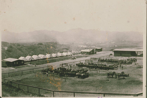 Grading camps with mule wagons located on Radcliffe Avenue in Pacific Palisades