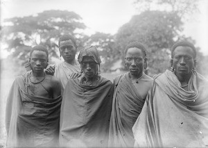 Five African men with stretched earlobes, Tanzania, ca.1893-1920