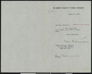 Archer Milton Huntington, letter, 1921-03-21, to Hamilton Garland