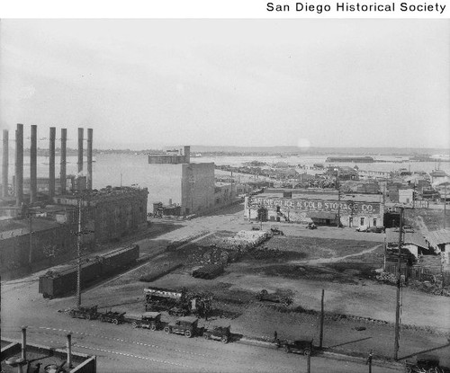 Aerial view of San Diego Ice and Cold Storage and San Diego Gas & Electric looking southwest from Tenth and Imperial Avenue