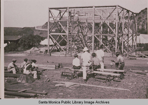 Carpenters and workmen involved in the early building of the Construction Center in Temescal Canyon, Pacific Palisades, Calif