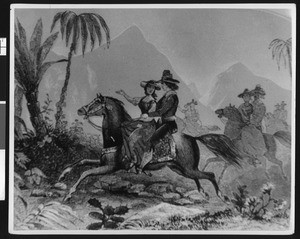 "Going to the Marrienda", a drawing of couples on horseback, from Walter Colton's "Two Years in California", 1850-1859