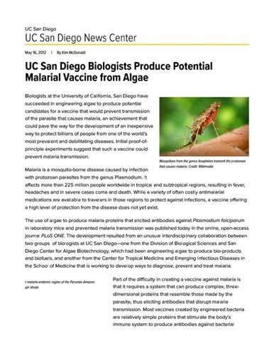 UC San Diego Biologists Produce Potential Malarial Vaccine from Algae