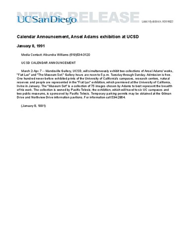 Calendar Announcement, Ansel Adams exhibition at UCSD