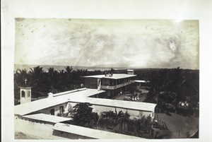 Addah-fo (on the coast at the mouth of the Volta), trading post of the Mission Trading Company, and the mission's chapel, coconut palms