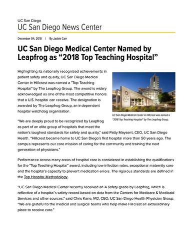 UC San Diego Medical Center Named by Leapfrog as “2018 Top Teaching Hospital”