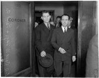 Captain Walter E. Hegi of the Glendale Police Dept. and Paul A. Wright leaving the office of coroner Frank Nance, Los Angeles, November 9, 1937