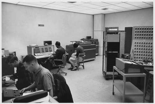 Students and Faculty work in early Computer Lab in Sullivan Engineering Center, ca. 1965
