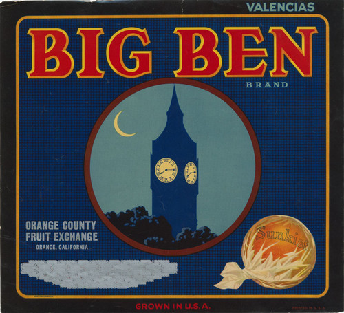 Crate label, Big Ben Brand, Orange, California, 1920s