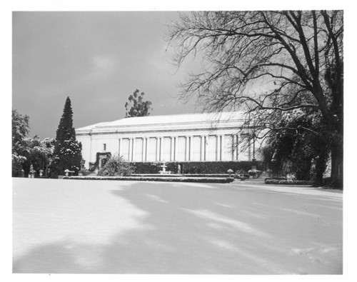 Huntington grounds south of the library building after snowfall, January 11, 1949