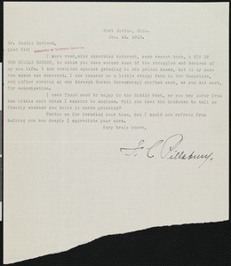 F.C. Pillsbury, letter, 1918-01-22, to Hamlin Garland