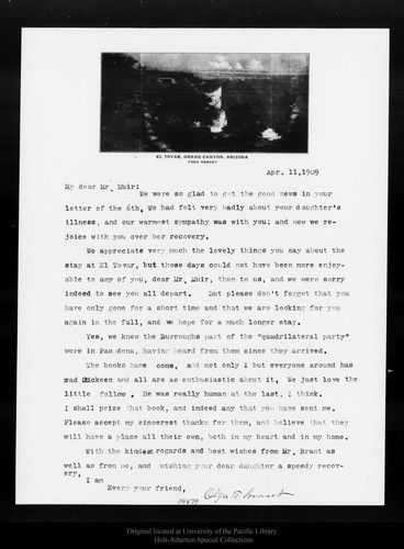 Letter from Olga F. Brant to John Muir, 1909 Apr 11