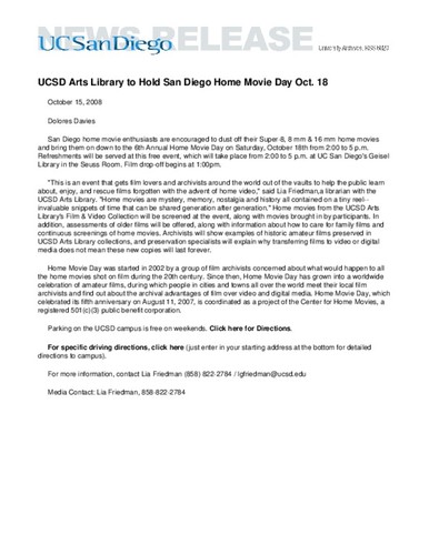 UCSD Arts Library to Hold San Diego Home Movie Day Oct. 18