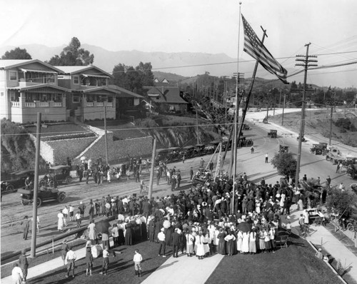 Erection of first power pole at Arroyo Seco Branch