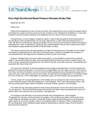 Even High-But-Normal Blood Pressure Elevates Stroke Risk