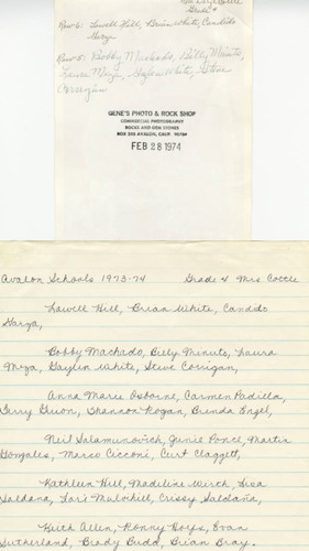Avalon Schools, Mrs. Cottle's fourth grade class, 1973-1974, Avalon, California (back side)