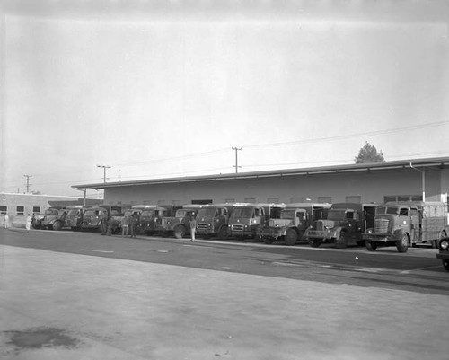 Line up of trucks in new East Valley Water District Headquarters yard at Saticoy and Bellair