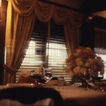 Interior view of the California State Railroad Museum in Old Sacramento. This view shows a refurbished dining car