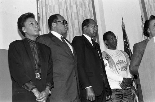 Black Family Reunion press conference participants listening to Dr. Height, Los Angeles, 1987