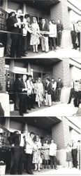 John L. Hughes, architect, and Bill Roventini with oversized Chamber of Commerce Sebastopol scissors at the 1983 opening ribbon-cutting of the Singler/Ernster Buidling in Sebastopol
