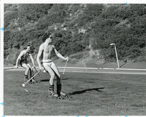 Two students on roller skis, late 1970s
