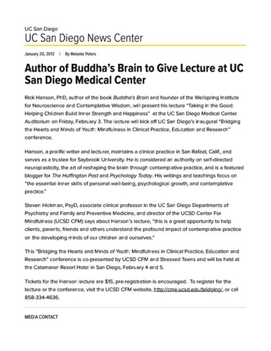 Author of Buddha’s Brain to Give Lecture at UC San Diego Medical Center