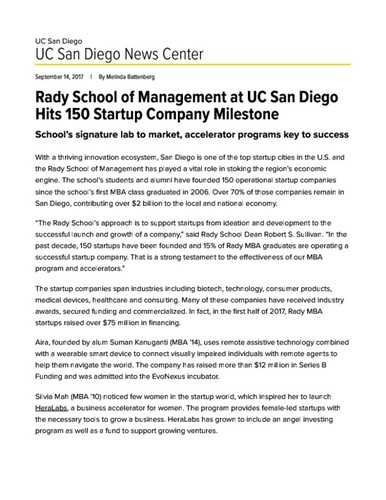 Rady School of Management at UC San Diego Hits 150 Startup Company Milestone