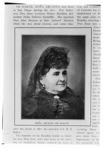 A newspaper clipping featuring Dona Arcadia De Baker