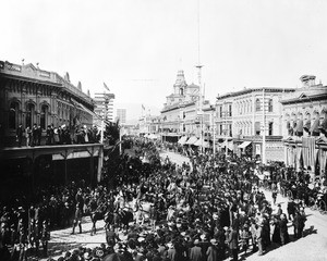 View of a parade for William Jennings Bryan at Main Street and Temple Block, Los Angeles, ca.1896