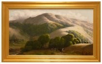 Oil painting depicting rolling hills and livestock with a house or farm
