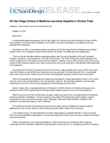 UC San Diego School of Medicine Launches Hepatitis C Clinical Trials--Hepatitis C Community Forum to be held October 20