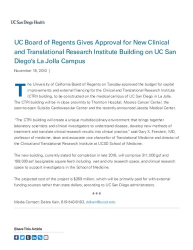 UC Board of Regents Gives Approval for New Clinical and Translational Research Institute Building on UC San Diego’s La Jolla Campus