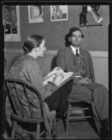 Artist Dorothy Jeakins sketching a portrait of artist Will James Los Angeles, 1934-1939