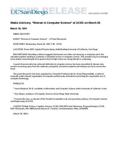 Media Advisory, "Women in Computer Science" at UCSD on March 20