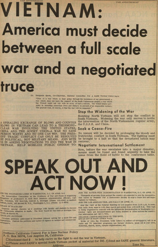 Anti-War newspaper advertisement, April 6, 1965