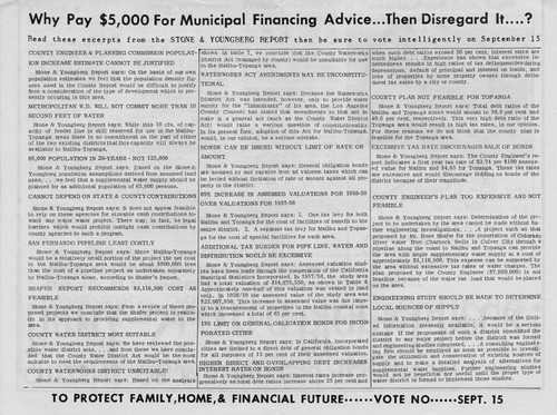 Electioneering flier urging voters to vote "NO" in the September 15, 1959 election to establish a Los Angeles Waterworks District no. 29