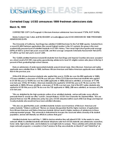 Corrected Copy: UCSD announces 1999 freshmen admissions data