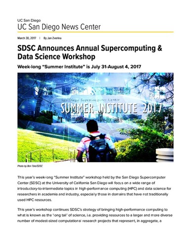 SDSC Announces Annual Supercomputing & Data Science Workshop