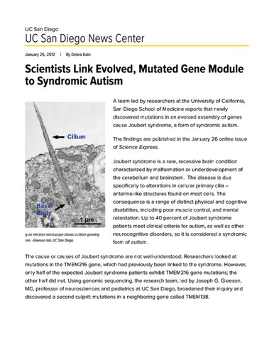 Scientists Link Evolved, Mutated Gene Module to Syndromic Autism