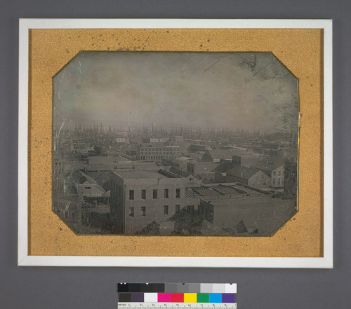 [San Francisco, east from Kearny and Clay Streets, with masts of sailing ships in the harbor.]
