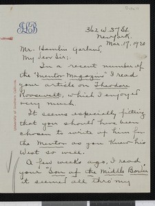Irene Lewis Bidell, letter, 1920-03-17, to Hamlin Garland