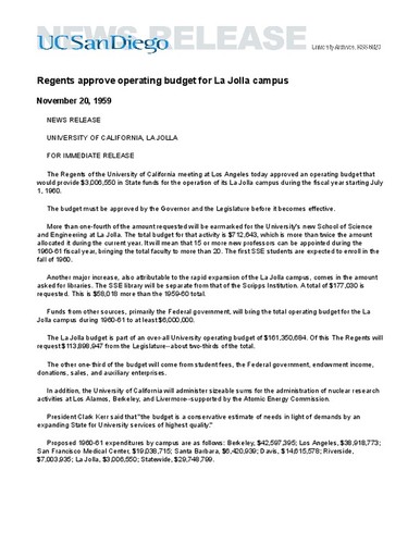 Regents approve operating budget for La Jolla campus