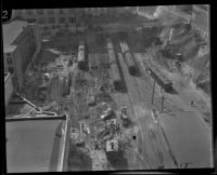 Bird's-eye view of a contruction project to expand the Pacific Electric Railroad, Los Angeles, 1925