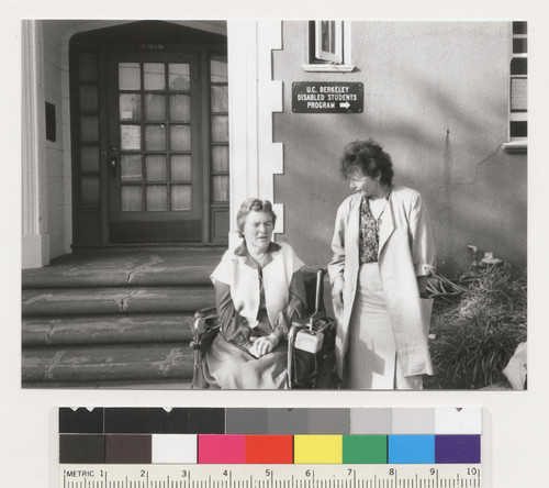 Susan O'Hara and am unidentified woman in front of the U.C. Berkeley Disabled Students Program building