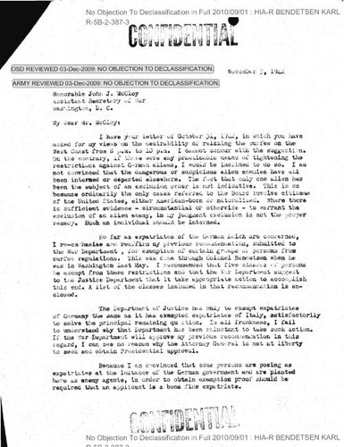 J. L. DeWitt letter to John J. McCloy with attached recommendations